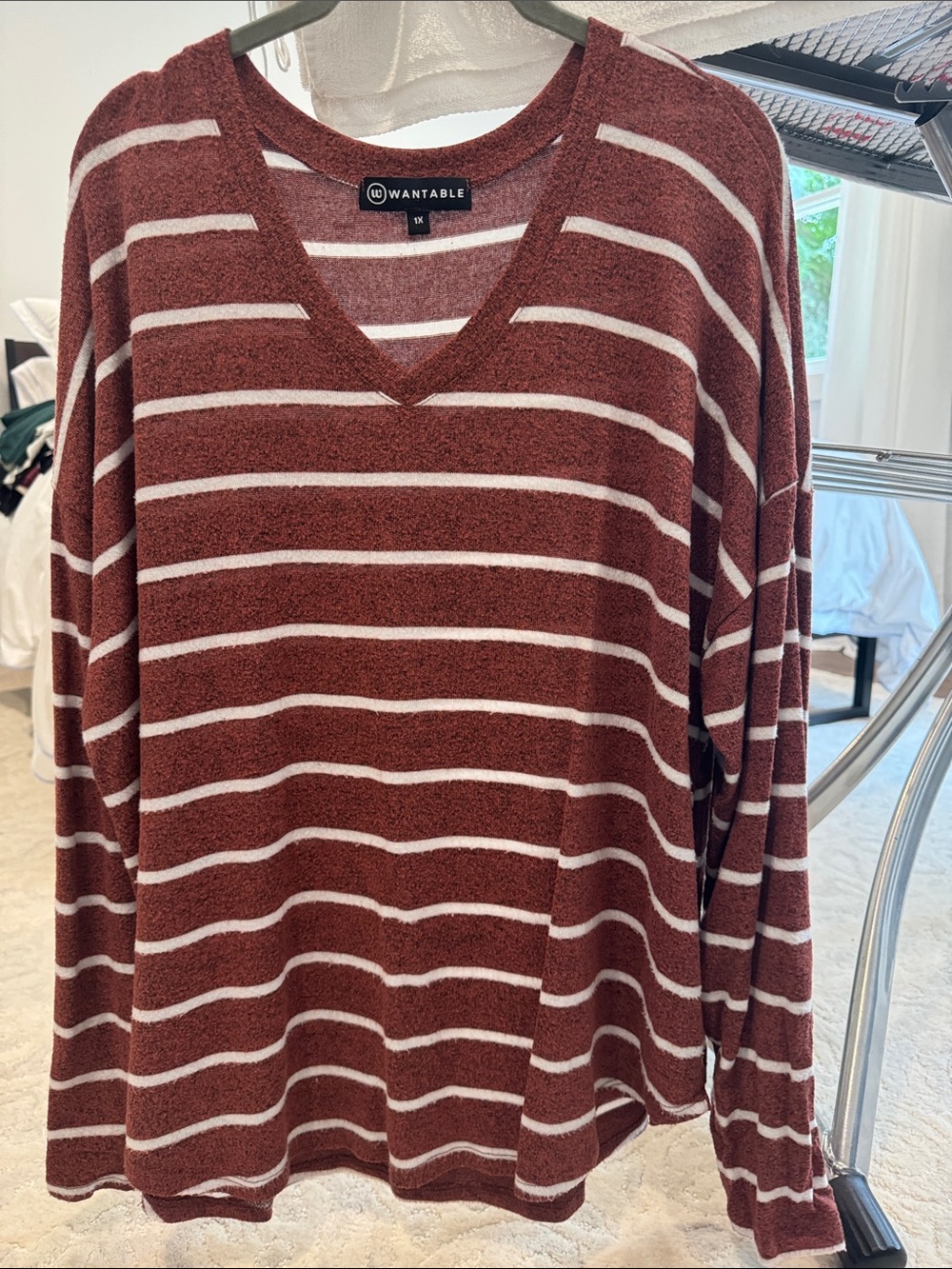 Wantable Women's Rust & White Striped V-Neck Sweater